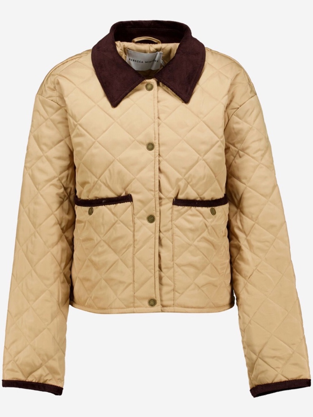 Rebecca Minkoff Beige Quilted Jacket with Dark Brown Corduroy Collar L nwt